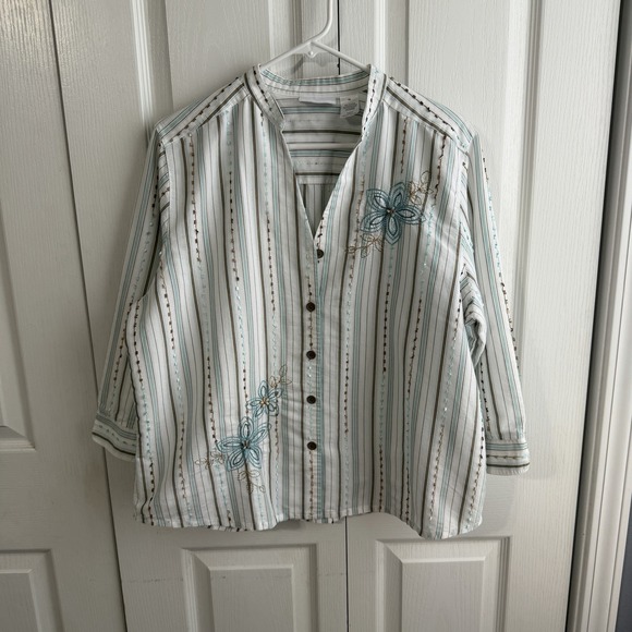 Alfred Dunner Tops - Alfred Dunner Embrodiered Floral Striped Button Up Top Women's Size 16 Vintage